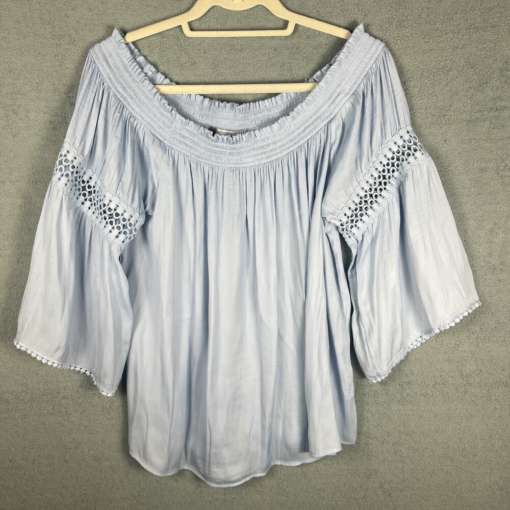 Jennifer Lopez Light Blue Off Shoulder Peasant Blouse Crochet Trim XL Boho Top